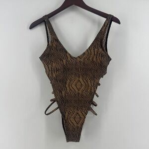 Womens Snakeskin Print High Cut Strappy Side One Piece Swimsuit‎ Brown Black